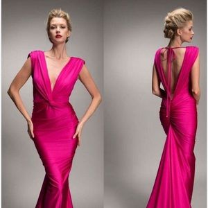 Nicole Bakti 6893 Fuchsia Pink Gown SZ 8 NWT — train, jersey stretch, open back